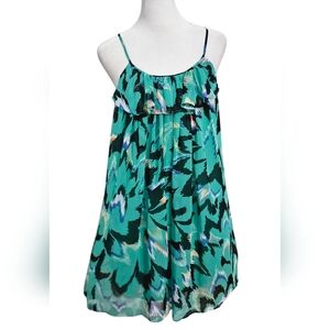 RIELEY Patterned Ruffle Baby Doll Mini Dress In Teal/black Multi. Size Medium